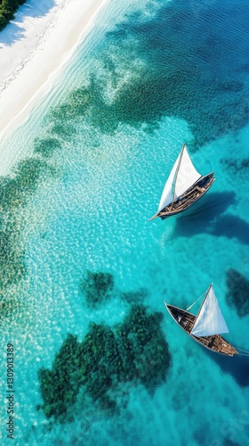 An aerial view of Zanzibar pristine Nungwi Beach, where the crystal-clear turquoise waters meet soft white sand