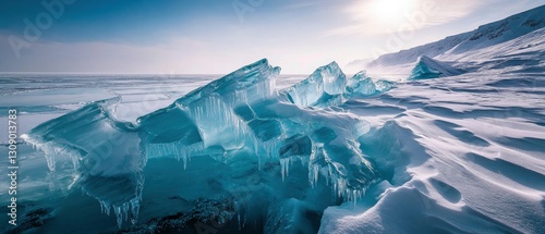 An extraordinary close-up of a frozen section of Lake Baikal, where massive ice shards rise from the surface