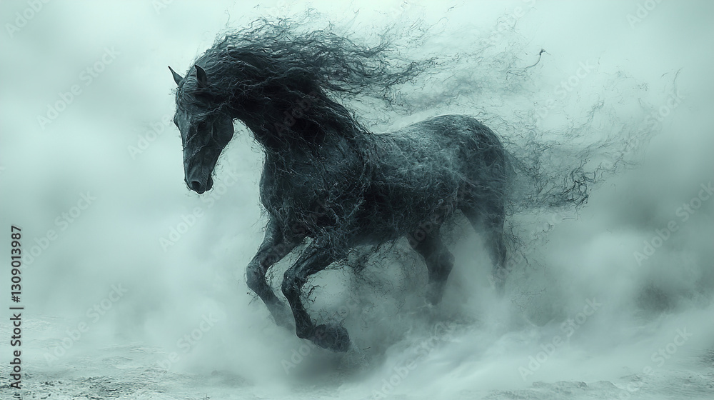 Obraz premium Majestic black horse galloping through foggy landscape at dawn creating a mystical atmosphere. Generative AI