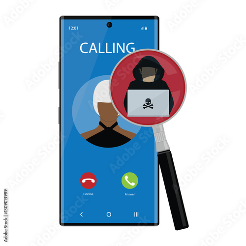 Thief, scammer, hacker calling on smartphone to steal private data on devices.