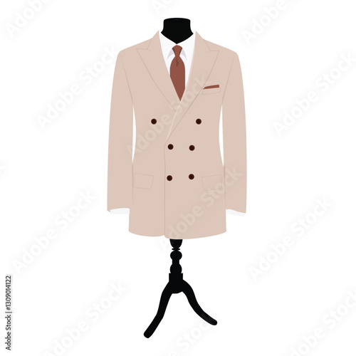 Beige male tuxedo suit with brown tie and white shirt on mannequin