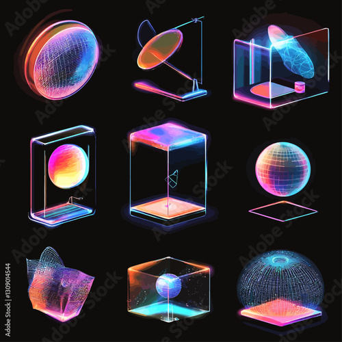 Neon Data Concept: Abstract Glowing 3D Rendered Forms on Black Background