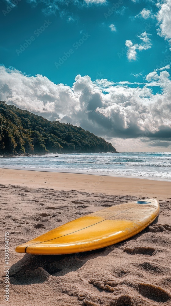 Yellow Surfboard on Sandy Beach Under Cloudy Sky Yellow Surfboard on Sandy Beach Under Cloudy Sky