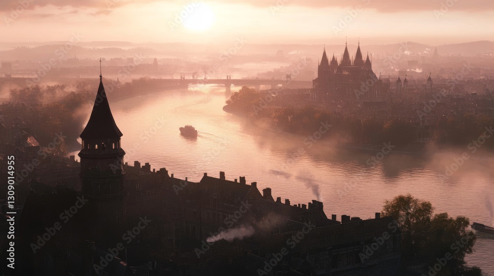 Naklejka premium A tranquil scene of a misty river at sunrise with a gothic castle silhouetted against the morning light. The warm hues of the sun contrast beautifully with the cool misty atmosphere, creating a serene