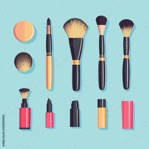 Cosmetics and Makeup Brushes and Applicators on Blue Background