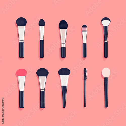 Set of makeup brushes on a pink background, beauty tools, flat design