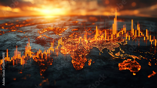 Visualization of global data trends at sunset with glowing city lights and data graphs over the earth's surface. Generative AI