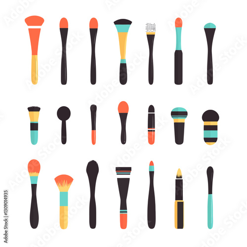 Set of makeup brushes, beauty tools, colorful flat vector illustration