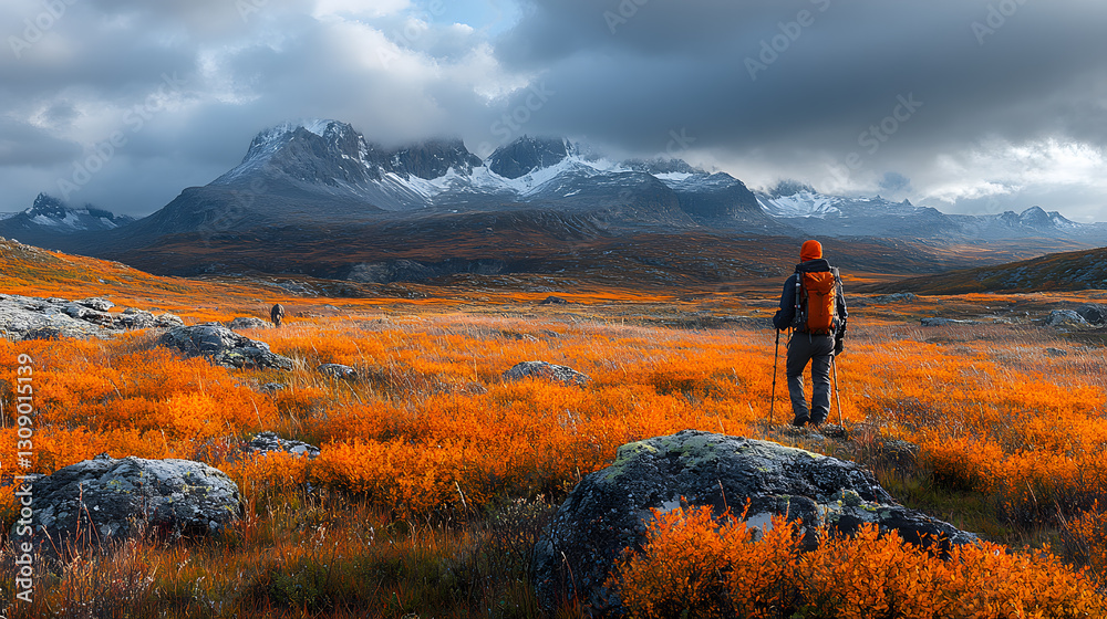 A vast highland tundra surrounded by rugged peaks, with a hiker standing in the distance under a dramatic sky filled with rolling clouds.