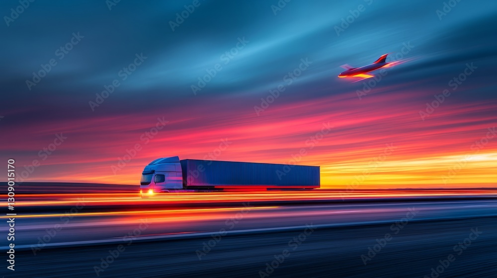 A container truck in motion on a highway at dusk, cargo airplane soaring in the sky, motion blur effect, and sunset background A container truck in motion on a highway at dusk, cargo airplane soaring in the sky, motion blur effect, and sunset background