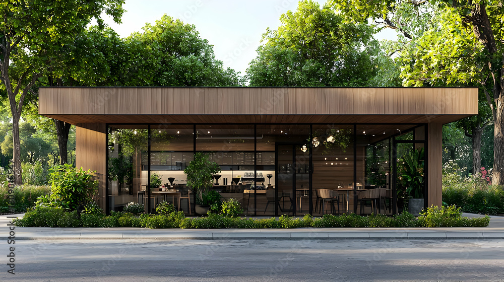 Fototapeta premium Modern Glass And Wooden Building Exterior With Lush Greenery And Natural Light
