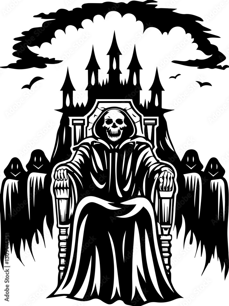 Dark fantasy SVG vector features a hooded Grim Reaper with a skull and skeleton. Dark Gothic Grim Reaper Throne with Castle Background Dark fantasy SVG vector features a hooded Grim Reaper with a skull and skeleton. Dark Gothic Grim Reaper Throne with Castle Background