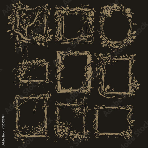 Rustic Wooden Frames With Leaves, Vines, Flowers, and a Branch on Black Background