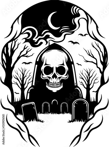 Dark fantasy SVG vector features a hooded Grim Reaper with a skull and skeleton. Dark Graveyard Scene with Skull and Tombstones