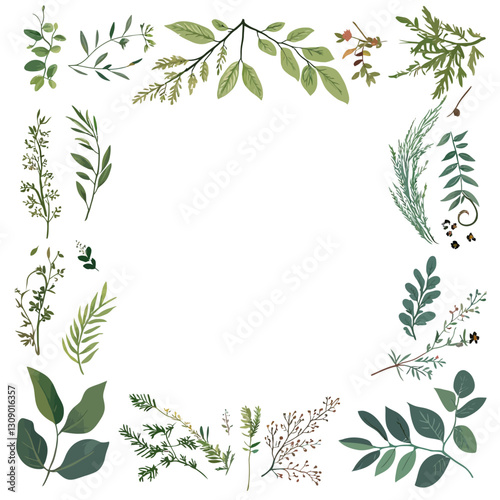 Botanical Frame with Green Leaves and Twigs on White Background