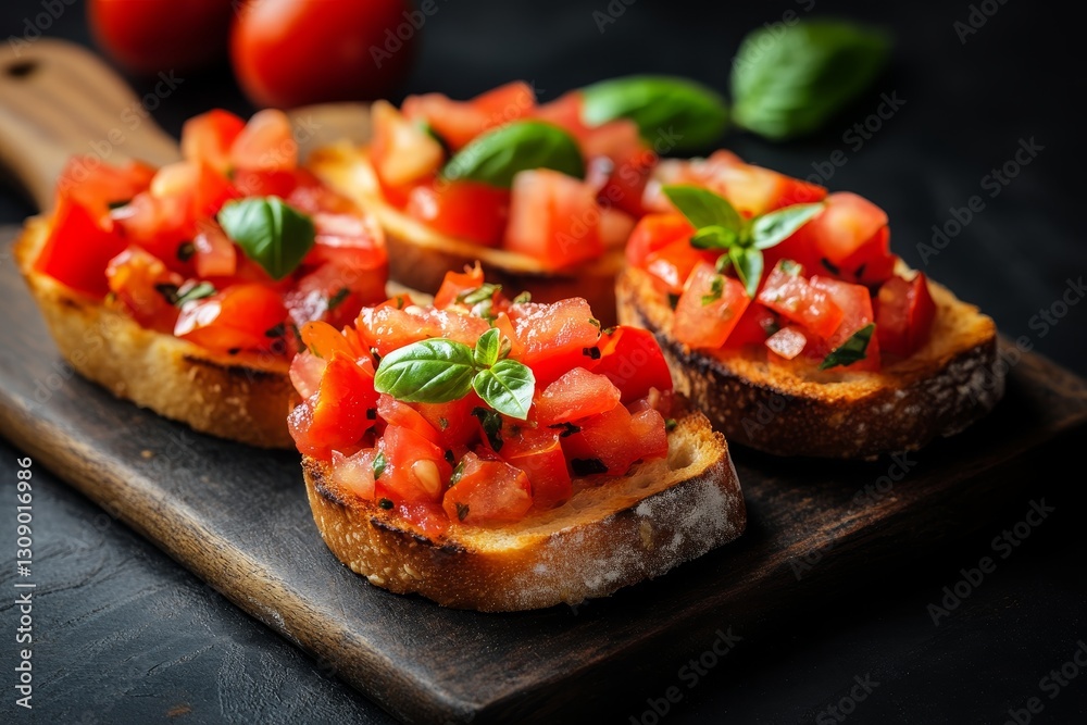 Artfully styled bruschetta with tomatoes and basil on dark background for culinary mockup use Artfully styled bruschetta with tomatoes and basil on dark background for culinary mockup use