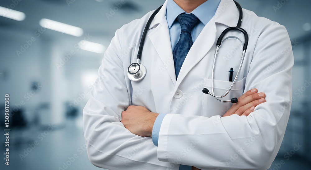 Doctor Man With Stethoscope In Hospital. Generative AI. Doctor Man With Stethoscope In Hospital. Generative AI.