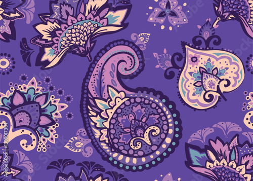 Seamless paisley pattern in Oriental style with floral and ethnic motifs for printed fabric, wallpaper, and packaging