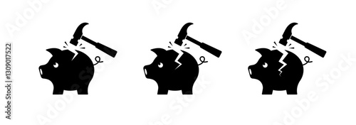 Flat icons set of piggy bank with hammer – breaking, cracked, intact – vector style.