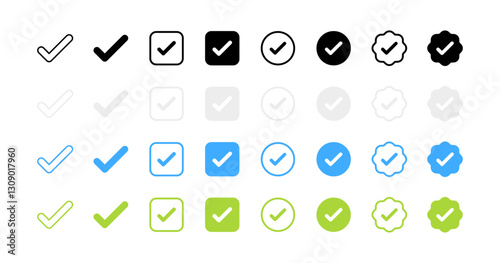 Flat style check mark icons set - vector design with diverse shapes and colors.