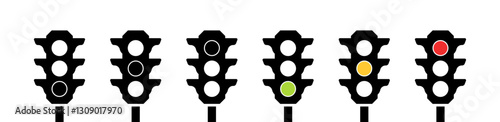 Flat linear traffic lights icons set depicting various signal states.