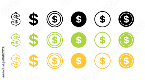Dollar symbols vector icons set in flat and linear style.
