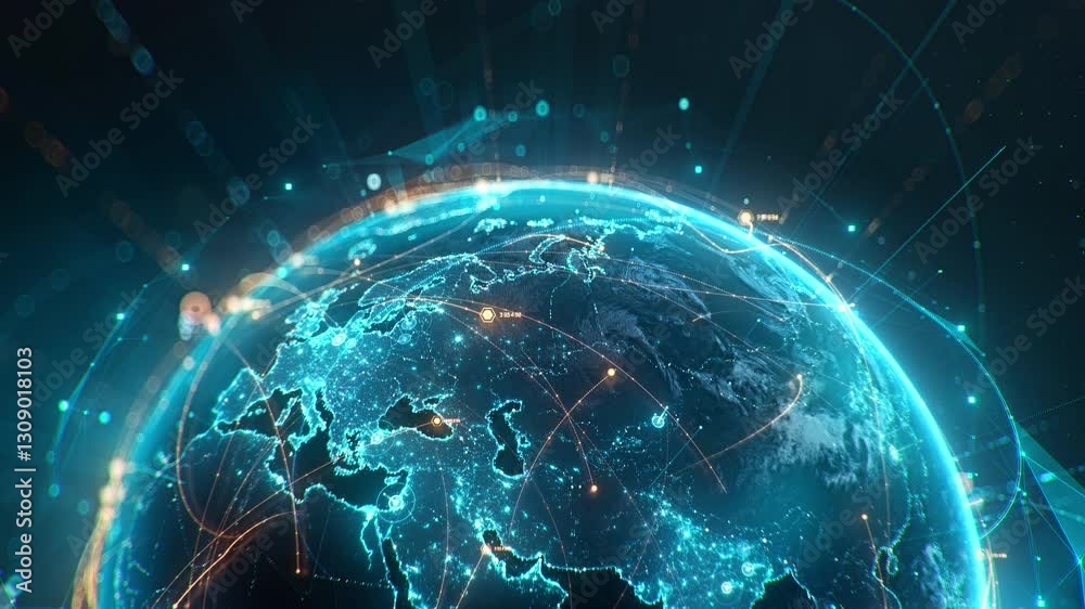 Futuristic digital globe of Earth with glowing data points network connections on a dark background. Worldwide links on planet earth at night. Concept of World communication technology. 3d animation
