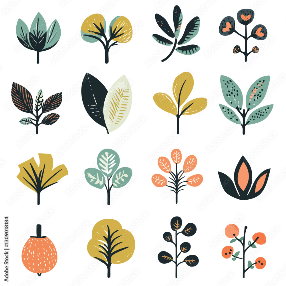 Fototapeta premium Stylized botanical illustrations, various leaves and plants on white background