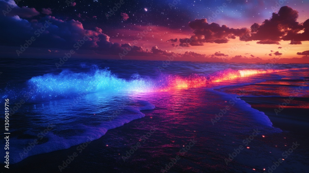 Vibrant bioluminescent waves glow in neon colors along the shoreline at twilight. The sky, filled with stars, adds a magical atmosphere to this scenic and surreal ocean view.. AI Generation