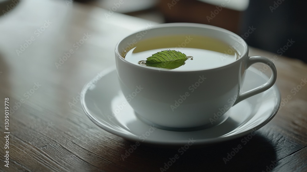 Fresh Herbal Tea with Mint Leaf in White Cup on Wooden Table Fresh Herbal Tea with Mint Leaf in White Cup on Wooden Table