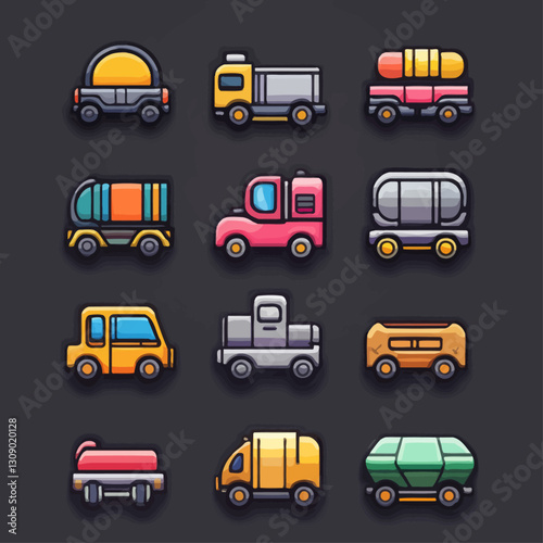 Set of Colorful Cartoon Trucks and Vehicles on Dark Gray Background