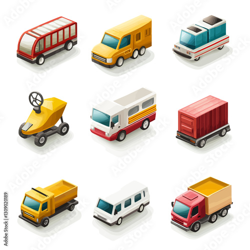 Isometric Transport Vehicles Collection, Yellow, Red, White, Commercial