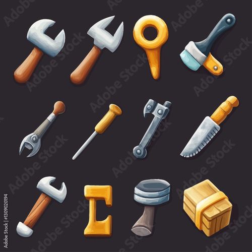 Cartoon tools set illustration, wrenches, screwdrivers, hammers and more.