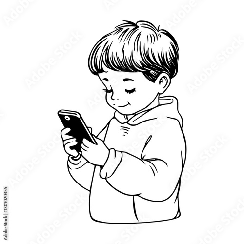 Smartphone Addiction: Child with a Mobile Phone Silhouette Vector
