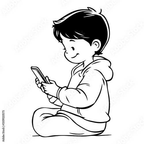 Smartphone Addiction: Child with a Mobile Phone Silhouette Vector
