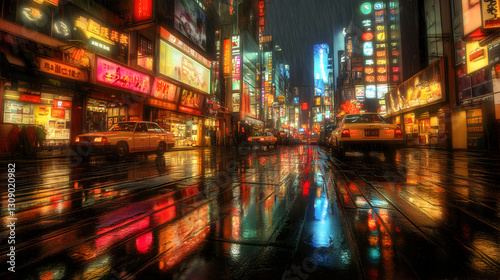 scene with neon lights reflecting off wet pavement and futuristic buildings towering overhead 