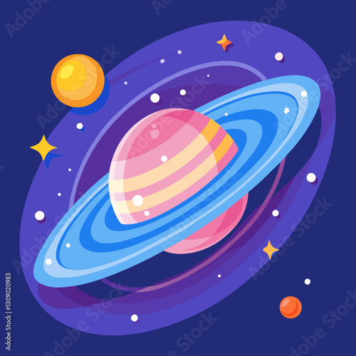 Colorful Saturn with Rings and Space Elements Vector Illustration  Vector illustration of Saturn with vibrant pastel rings  surrounded by other planets  set in a cosmic background  representing the be