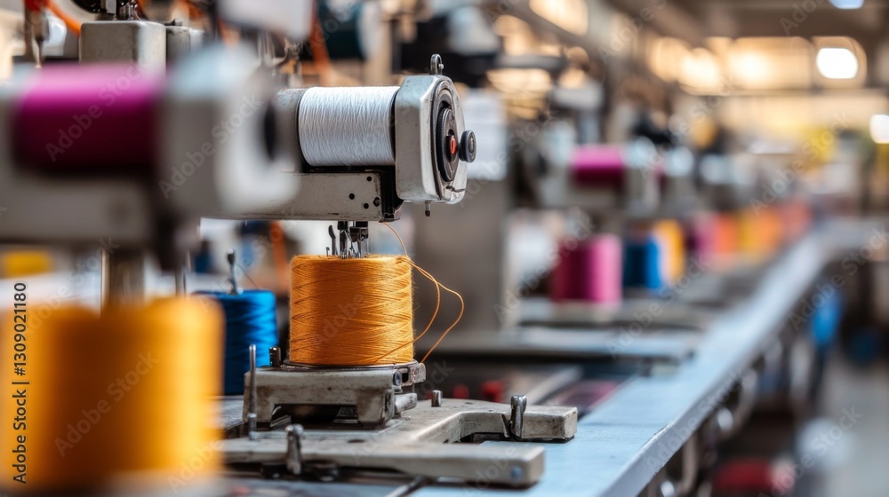 A focused view of colorful spools of thread lined up in a textile factory, with machinery in the background. The industrial setting showcases the vibrant materials used in mass production.. AI