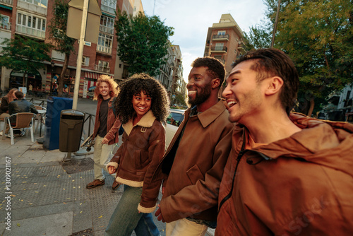 Happy multiracial friends walking and laughing together in the city