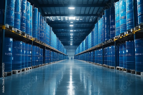 Rows of blue industrial barrels stacked in a large warehouse