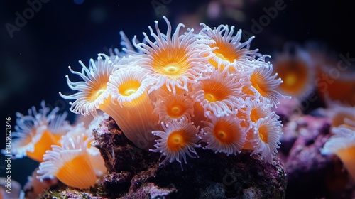 Close-up of vibrant orange and white sea anemone, revealing delicate tentacles in intricate detail at its captivating center photo