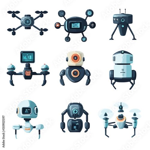 Collection of Futuristic Robots and Drones, Tech Illustrations