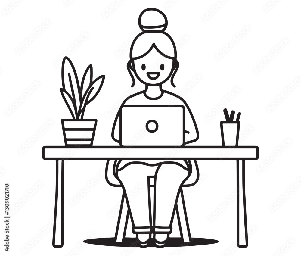 Freelancer at a stylish desk, remote work concept. Modern illustration of a woman working on a laptop Freelancer at a stylish desk, remote work concept. Modern illustration of a woman working on a laptop
