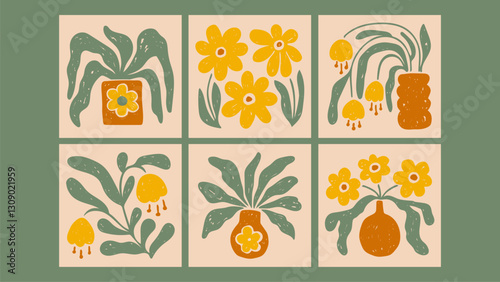 Botanical Contemporary Art Cards and Posters Set. Mid century modern flowers and plants in pot and vase. Vintage wavy crayon and chalk drawing, Shabby chic aesthetic. Vector illustration