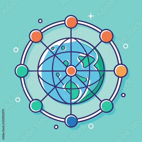 Global Network and Connectivity Vector Illustration, A vector illustration of the Earth connected by colorful network nodes, symbolizing global communication, digital exchange, and interconnectedness 