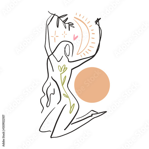 Pretty girl practicing Kundalini yoga flat doodle cartoon illustration. Young woman doing asana, stretching exercise pilates princess. Female silhouette pose vector clipart