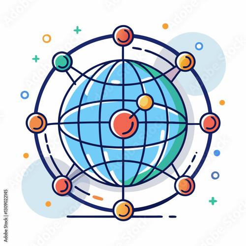 Global Network Concept Vector Illustration, A vector illustration of a globe connected by colorful network nodes, symbolizing global communication and interconnectedness.
