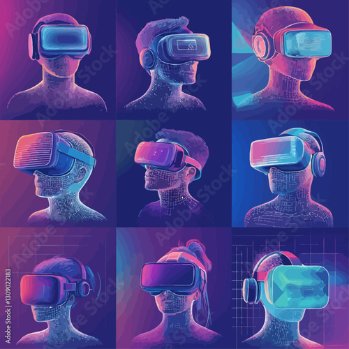 Wireframe people in VR headsets, virtual reality technology, digital world.