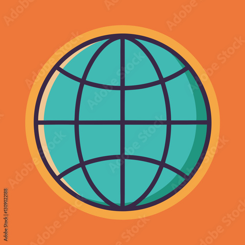 Geometric Globe Vector on Orange Background, A simple geometric vector illustration of a globe with turquoise lines intersecting on an orange background, enclosed by a circular frame.
