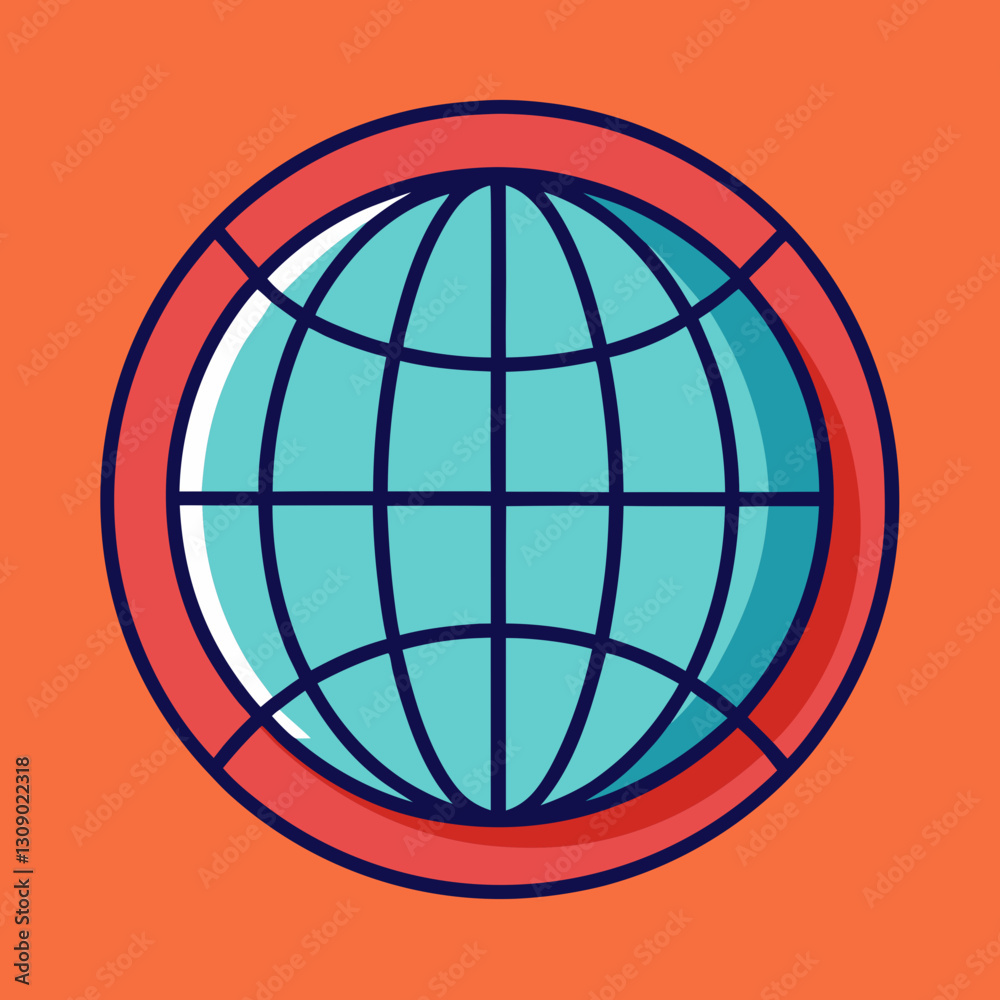 Stylized Globe Vector Icon Design, A stylized vector icon of a globe with intersecting lines in turquoise and red, set against an orange background.
Stylized Globe Vector Icon Design, A stylized vector icon of a globe with intersecting lines in turquoise and red, set against an orange background.